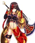  1girl 3:&lt; absurdres armor bangs blue_eyes breastplate breasts brown_hair closed_mouth cowboy_shot eyebrows_visible_through_hair eyes_visible_through_hair hair_over_one_eye highres holding holding_sword holding_weapon legs_apart long_hair looking_at_viewer medium_breasts multicolored_hair murasame_shia navel original pauldrons redhead sash shield shoulder_armor simple_background solo standing streaked_hair suspenders sword thigh_strap two-tone_hair weapon white_background 