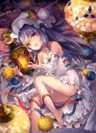  1girl absurdres bangs bare_legs bare_shoulders barefoot blue_ribbon breasts cleavage crescent crescent_hair_ornament detached_sleeves dress feet hair_ornament hair_ribbon hat highres kedama_milk lantern long_hair looking_at_viewer lying mob_cap on_side patchouli_knowledge pillow red_ribbon ribbon small_breasts smile solo touhou very_long_hair violet_eyes white_dress 