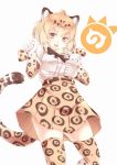 1girl ahoge bangs belt blonde_hair blush bow bowtie breasts cowboy_shot elbow_gloves fangs fur_trim gloves hair_between_eyes highres jaguar_(kemono_friends) jaguar_ears jaguar_print jaguar_tail japari_symbol kanzakietc kemono_friends looking_at_viewer medium_breasts paw_pose shiny shiny_hair shirt short_sleeves simple_background sketch skirt solo tail thigh-highs thighs white_background white_shirt yellow_eyes yellow_skirt