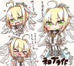  &gt;_&lt; 1girl ahoge blonde_hair blush closed_eyes fate/grand_order fate_(series) green_eyes heart jako_(jakoo21) looking_at_viewer open_mouth saber saber_bride saber_extra short_hair smile solo text translation_request 