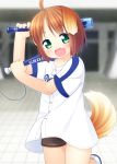  1girl animal_ears baseball_bat baseball_uniform brown_hair dog_ears dog_tail fang green_eyes inuarashi looking_at_viewer meiko_(inuarashi) open_mouth original short_hair solo sportswear tail 