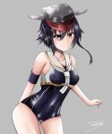 1girl 2017 asymmetrical_hair black_hair brown_eyes character_name cowboy_shot dated framed_breasts grey_background hair_between_eyes hal_nakura hat headphones highres i-13_(kantai_collection) kantai_collection leaning_forward looking_at_viewer sailor_collar school_swimsuit short_hair signature simple_background smile solo swimsuit 