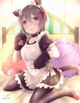  1girl animal_ears apron backlighting bangs black_legwear blue_eyes blush cat_ears chita_(ketchup) fake_animal_ears frilled_apron frilled_pillow frilled_sleeves frills grey_hair hair_between_eyes highres indoors light_rays looking_at_viewer maid maid_headdress on_bed original pantyhose parted_lips pillow pink_shoes puffy_short_sleeves puffy_sleeves shoes short_hair short_sleeves signature solo sunbeam sunlight twitter_username 