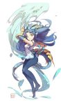  1girl black_hair blue blue_eyes blue_legwear brass_knuckles chinese_clothes dragon dragon_tail floating_hair from_side full_body highres horns karin_(p&amp;d) long_hair no_shoes pantyhose parted_lips puzzle_&amp;_dragons revision sleeveless solo tail tennohi water weapon white_background 