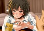  1girl :o alcohol amagami bed beer blush brown_eyes brown_hair can collarbone collared_shirt curtains drunk indoors jewelry looking_at_viewer murasaki_iro nanasaki_ai older open_mouth out_of_frame pov revision ring shirt short_hair solo_focus upper_body wedding_band white_shirt wing_collar yebisu 