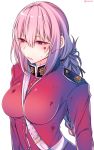  1girl between_breasts blood blood_on_face bloody_clothes braid breasts commentary_request fate/grand_order fate_(series) florence_nightingale_(fate/grand_order) large_breasts long_hair military military_uniform pink_hair red_eyes shisei_(kyuushoku_banchou) solo uniform upper_body white_background 