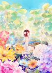  1girl bare_shoulders blue_sky breasts character_request detached_sleeves dress flower hair_flower hair_ornament hydrangea leaf lily_pad looking_at_viewer medium_breasts medium_hair plant red_eyes redhead rei_(456789io) scenery sitting sky solo traditional_media vocaloid water water_drop watercolor_(medium) white_dress wings 