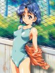  1girl absurdres armpits bishoujo_senshi_sailor_moon blue_eyes blue_hair blue_swimsuit chain-link_fence fence highres kawarajima_kou mizuno_ami one-piece_swimsuit school_swimsuit short_hair smile solo standing swimsuit undressing 