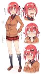  &gt;:d 1girl 5240mosu :3 :d absurdres bangs bat_hair_ornament black_legwear black_ribbon black_shirt blush breasts cardigan check_translation cross doyagao dress_shirt expressions fang fingers_together flying_sweatdrops gabriel_dropout hair_ornament hair_ribbon hair_rings highres kneehighs kurumizawa_satanichia_mcdowell loafers long_sleeves looking_at_viewer medium_breasts miniskirt multiple_views necktie nose_blush open_mouth parted_lips plaid plaid_skirt pleated_skirt pointing pointing_at_viewer red_necktie redhead ribbon school_uniform shirt shoes short_hair skirt smile socks tearing_up tears translated violet_eyes 