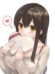  1girl akagi_(kantai_collection) alternate_costume black_hair blush breasts brown_eyes casual collarbone commentary_request fukuroumori hair_between_eyes heart heart-shaped_box holding kantai_collection large_breasts long_hair long_sleeves looking_at_viewer simple_background smile solo spoken_heart sweater valentine white_background 