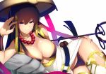  1girl beads breasts brown_hair cleavage collarbone fate/grand_order fate_(series) jewelry large_breasts long_hair lying on_side panties pink_eyes prayer_beads ring saisarisu shiny shiny_skin simple_background solo staff thighs underwear white_background xuanzang_(fate/grand_order) 