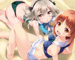  2girls :d adapted_costume ass bikini black_hairband boko_(girls_und_panzer) breasts brown_eyes brown_hair butt_crack chestnut_mouth girls_und_panzer grey_hair hairband highres light_brown_hair long_hair looking_at_viewer looking_back medium_breasts multiple_girls nishizumi_miho open_mouth sand shimada_arisu short_hair side_ponytail small_breasts smile stuffed_animal stuffed_toy swimsuit teddy_bear 