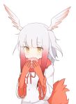 1girl bangs bird_tail blunt_bangs buttons collar coupon_(skyth) crested_ibis_(kemono_friends) dot_nose drawstring eating expressionless eyebrows_visible_through_hair feathered_wings feathers food frilled_sleeves frills fur_collar gloves gradient_hair hands_up head_wings holding holding_food japanese_crested_ibis_(kemono_friends) japari_bun kemono_friends long_sleeves looking_away looking_down multicolored_hair red_gloves redhead shirt short_hair short_hair_with_long_locks sidelocks simple_background solo tail tsurime two-tone_hair upper_body white_background white_hair white_shirt wide_sleeves wings yellow_eyes 
