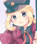  1925_(vocaloid) 1girl aoi_choko_(aoichoco) blonde_hair blue_eyes coat hair_ornament hairclip hat highres kagamine_rin necktie open_mouth project_diva_(series) short_hair simple_background solo sparkling_eyes vocaloid 