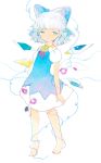  1girl anabone arms_at_sides barefoot blue_dress cirno dress flower full_body hair_ribbon half-closed_eyes hidden_star_in_four_seasons ice ice_wings light_blue_hair looking_at_viewer plant puffy_short_sleeves puffy_sleeves ribbon shirt short_dress short_hair short_sleeves simple_background solo touhou vines white_background white_shirt wings 