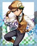  1boy adjusting_clothes adjusting_hat alternate_costume black_hair black_pants brown_eyes brown_gloves brown_hair brown_hat fingerless_gloves gears gloves green_necktie hand_on_hip hat kanimaru looking_at_viewer male_focus necktie pants pin pokeball_symbol pokemon pokemon_(anime) satoshi_(pokemon) solo standing standing_on_one_leg vest 