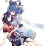  2girls black_hair black_ribbon black_skirt blue_dress blue_hair closed_eyes collarbone collared_vest commentary_request dress drill_hair frilled_sleeves frills hair_ornament hair_stick hand_on_another&#039;s_head highres hug kaku_seiga miyako_yoshika multiple_girls neck_ribbon no_hat no_headwear puffy_short_sleeves puffy_sleeves red_shirt ribbon shawl shirt short_hair short_sleeves simple_background skirt sleeping smile tare_nu_(usesase) touhou vest white_background white_vest 