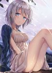  1girl anastasia_(idolmaster) between_legs blue_eyes breasts cleavage dress glint hand_between_legs highres idolmaster idolmaster_cinderella_girls jacket_on_shoulders jewelry looking_at_viewer medium_breasts necklace outdoors parted_lips pendant rin_yuu silver_hair solo strapless wet white_dress 