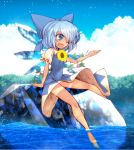  1girl ;d bare_legs barefoot blue_dress blue_eyes blue_hair blush bow cirno dress flower full_body hair_bow hidden_star_in_four_seasons ice ice_wings kuresento lake large_bow legs long_legs on_rock one_eye_closed open_mouth partially_submerged plant puffy_short_sleeves puffy_sleeves short_hair short_sleeves sitting smile solo sunflower tan tanline touhou vines water wings 
