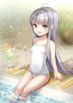  1girl absurdres ahoge brown_eyes character_request competition_school_swimsuit copyright_request drink highres long_hair looking_at_viewer nyasunyadoora open_mouth poolside school_swimsuit silver_hair soaking_feet solo swimsuit twitter_username white_school_swimsuit white_swimsuit 