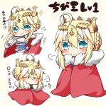  1girl ahoge artoria_pendragon_lancer_(fate/grand_order) blonde_hair blue_eyes blush cape chocolate closed_eyes eating eyebrows_visible_through_hair fate/grand_order fate_(series) heart highres jako_(jakoo21) looking_at_viewer pouty_lips red_cape saber smile solo text translation_request 