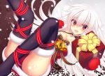  1girl absurdres bare_shoulders bell blush box breasts choker christmas fur_trim gift gloves highres long_hair looking_at_viewer lying medium_breasts murasame_shia on_back open_mouth original panties pantyshot red_eyes red_gloves red_panties ribbon smile solo thigh-highs underwear white_hair 