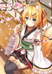  1girl ahoge animal_ears architecture bell bell_choker black_legwear black_skirt blonde_hair blue_eyes blurry blush cherry_blossoms choker closed_mouth commentary_request dango depth_of_field detached_sleeves east_asian_architecture food fox_ears fox_girl fox_tail frilled_sleeves frills hair_ribbon holding holding_food japanese_clothes jingle_bell long_sleeves looking_at_viewer miko nagisa3710 obi original red_ribbon ribbon ribbon-trimmed_legwear ribbon_trim sash sitting skirt smile solo tail thigh-highs two_side_up wagashi wide_sleeves wooden_floor 