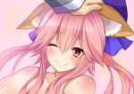  1girl absurdres animal_ears blush bow collarbone commentary_request fate/extra fate_(series) fox_ears hair_bow hair_ribbon hand_on_head highres ichi_natsu looking_at_viewer one_eye_closed petting pink_hair ribbon smile solo tamamo_(fate)_(all) tamamo_no_mae_(fate) topless yellow_eyes 