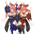  2girls animal_ears bell bell_collar black_legwear blue_legwear blush bow brde breasts cleavage collar detached_sleeves dual_persona fangs fate/extra fate/grand_order fate_(series) fox_ears fox_shadow_puppet fox_tail hair_bow hair_ribbon highres japanese_clothes large_breasts long_hair looking_at_viewer multiple_girls one_eye_closed open_mouth paw_pose paws pink_hair ribbon tail tamamo_(fate)_(all) tamamo_cat_(fate) tamamo_no_mae_(fate) yellow_eyes 