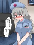  1girl alternate_eye_color blue_dress blurry blurry_background blush braid brown_eyes couch dress hammer_(sunset_beach) hat long_hair name_tag nurse nurse_cap puffy_short_sleeves puffy_sleeves short_sleeves silver_hair single_braid solo speech_bubble sweat touhou translation_request yagokoro_eirin 