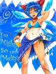  1girl armpits bikini bikini_bottom bikini_top blue_bikini blue_eyes blue_hair bow choker cirno commentary_request cowboy_shot cup drinking_straw engrish flower food_in_mouth hair_bow hand_behind_head hidden_star_in_four_seasons holding holding_cup ice ice_cube ice_wings jewelry navel necklace older one-piece_tan one_eye_closed plant ranguage ryuuichi_(f_dragon) sarong short_hair solo sunflower swimsuit symbol-shaped_pupils tan tanline toned touhou vines wings wristband 