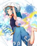  1girl arms_up barefoot blue_eyes blue_hair character_name goggles goggles_on_head kanimaru looking_at_viewer one_eye_closed pokemon pokemon_(game) pokemon_sm school_swimsuit short_hair shorts standing standing_on_one_leg suiren_(pokemon) swimsuit 