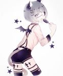  1boy animal_ears ass bananaxcs7 bat_wings blue_eyes candy cat_ears cat_tail eyepatch food grey_hair lollipop male_focus original short_hair shorts shota suspender_shorts suspenders tail thigh-highs tongue tongue_out trap wings 