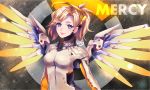  1girl armor artist_name blonde_hair blue_eyes blush bodysuit breastplate breasts character_name closed_mouth emblem eyelashes headgear high_collar highres lips logo long_hair long_sleeves looking_at_viewer mechanical_halo mechanical_wings medium_breasts mercy_(overwatch) nose overwatch pink_lips ponytail sasucchi95 skin_tight smile solo spread_wings turtleneck upper_body wing_print wings yellow_wings 