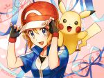  1girl blonde_hair blue_eyes cosplay fingerless_gloves gloves hat jacket kanimaru pikachu pokemon pokemon_(anime) pokemon_xy_(anime) ribbon satoshi_(pokemon) satoshi_(pokemon)_(cosplay) serena_(pokemon) short_hair 