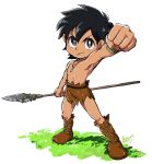  1boy arm_up black_hair boots doraemon doraemon:_nobita_no_nihon_tanjou full_body grey_eyes highres kukuru_(doraemon) loincloth looking_at_viewer male_focus miyako_ameko polearm solo spear weapon whistle white_pupils 