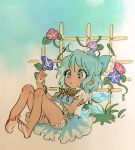  1girl ahoge aqua_eyes aqua_hair bare_legs barefoot bloomers blue_bow blue_dress blue_eyes blue_flower blue_hair blue_sky bow cirno commentary_request dress flower frilled_sleeves frills full_body hair_bow hidden_star_in_four_seasons knees_up lying morning_glory oimo_(14sainobba) pigeon-toed puffy_short_sleeves puffy_sleeves red_flower short_sleeves sky soles solo sunflower tan tanline touhou underwear white_bloomers 