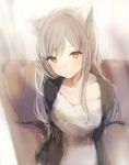  1girl animal_ears blush brown_eyes cardigan cat cat_ears closed_mouth couch dress eyebrows grey_hair highres jacket light_smile long_hair lpip md5_mismatch navel neck on_couch open_cardigan open_clothes original red_eyes sitting smile white_dress 