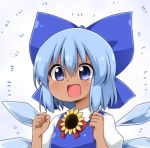  &gt;:d 1girl :d blue_bow blue_dress blue_eyes blue_hair blush bow cirno clenched_hands collared_shirt commentary_request dark_skin detached_wings dress emphasis_lines eyes_visible_through_hair fang flower grey_background hair_between_eyes hair_bow hidden_star_in_four_seasons ice ice_wings large_bow open_mouth pinafore_dress puffy_short_sleeves puffy_sleeves red_ribbon reflective_eyes ribbon shiny shiny_hair shirt short_hair short_sleeves simple_background smile solo sunflower suwa_yasai tan tareme touhou upper_body white_shirt wing_collar wings 