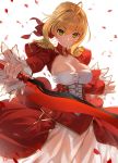  1girl aestus_estus ahoge aiguillette bangs blonde_hair blush braid breasts buttons center_opening cleavage closed_mouth cowboy_shot dress epaulettes eyebrows_visible_through_hair fate/extra fate_(series) fingernails french_braid frilled_sleeves frills green_eyes hair_between_eyes hair_bun hair_intakes hand_on_hip hands_up highres holding holding_sword holding_weapon juliet_sleeves large_breasts leaning_forward legs_apart leotard long_dress long_sleeves looking_at_viewer medium_breasts outstretched_arms parted_lips petals puffy_sleeves red_dress ribbed_dress saber_extra see-through short_hair_with_long_locks sidelocks simple_background skindentation smile solo standing sword thigh_gap thighs turtleneck weapon white_background white_dress white_leotard wide_sleeves yang-do 