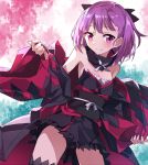  1girl bare_shoulders black_panties blush bow fate/grand_order fate_(series) hair_bow helena_blavatsky_(fate/grand_order) looking_at_viewer panties pantyshot purple_hair short_hair smile solo thigh-highs tsuedzu underwear violet_eyes 