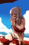  1girl bare_shoulders beach bikini blush bracelet breasts carmilla_(fate/grand_order) chain_necklace cleavage clouds curly_hair day fate/grand_order fate_(series) hair_ornament highres jewelry large_breasts long_hair looking_at_viewer navel necklace ocean ponytail red_bikini sarong shadow sidelocks silver_hair sky solo strap_slip summertime_mistress_(fate/grand_order) sunglasses swimsuit thighs tokiwa_mmm umbrella wristband yellow_eyes 