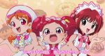  3girls apron bow brown_eyes crossover doughnut fake_screenshot food harukaze_doremi headset highres kirakira_precure_a_la_mode long_hair looking_at_viewer lyrics maid miyako_ameko momomiya_ichigo multiple_crossover multiple_girls ojamajo_doremi orange_hair outstretched_arms pink_eyes precure redhead short_hair smile tokyo_mew_mew trait_connection twintails upper_body usami_ichika violet_eyes 