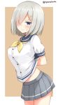  1girl arm_behind_back blue_eyes blush breasts brown_background chaa_(korone-ze) closed_mouth embarrassed from_side grey_skirt hair_ornament hair_over_one_eye hairclip hamakaze_(kantai_collection) highres kantai_collection large_breasts looking_at_viewer midriff no_legwear outside_border pleated_skirt school_uniform serafuku short_hair silver_hair skirt solo striped striped_skirt sweatdrop twitter_username 