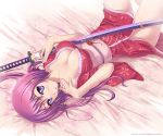  1girl atomix bangs bare_shoulders bed blush breasts cleavage collarbone eyebrows_visible_through_hair japanese_clothes katana kimono long_hair looking_at_viewer lying medium_breasts naomi_(atomix) on_back open_mouth original purple_hair revision sheath solo sword unsheathing violet_eyes watermark weapon 