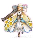  1girl :d black_bow blonde_hair boots bow detached_sleeves dress flower flower_knight_girl full_body gun happy hat limnanthes_(flower_knight_girl) long_hair looking_at_viewer nakaishow object_namesake official_art open_mouth orange_eyes see-through smile solo standing weapon white_background white_dress 