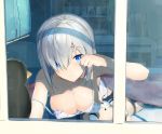  1girl bare_shoulders bed bedroom blue_eyes blurry book breasts cleavage depth_of_field desk hamakaze_(kantai_collection) highres kantai_collection large_breasts lying nanotaro on_stomach shirt short_hair silver_hair sleepwear sleeveless sleeveless_shirt strap_slip stuffed_animal stuffed_toy teddy_bear waking_up window 