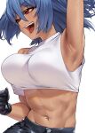  1girl arm_up armpits black_gloves blue_hair blush breasts commentary_request crop_top gloves highres large_breasts navel navel_piercing open_mouth original piercing rakuga_kiya red_eyes simple_background smile solo sweat teeth tongue upper_teeth white_background 