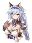  1girl 47agdragon animal_ears bangs blue_hair blush braid breasts cleavage closed_mouth crossed_arms elbow_gloves erun_(granblue_fantasy) eyebrows_visible_through_hair gloves granblue_fantasy hair_between_eyes hairband heles highres large_breasts long_hair looking_at_viewer single_braid sketch smile solo yellow_eyes 