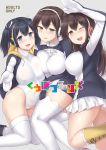  3girls :d ;d akagi_(kantai_collection) arm_above_head ass blue_eyes blue_hair blush boots breast_press breasts brown_eyes brown_hair cosplay cover cover_page covered_navel elbow_gloves emperor_penguin_(kemono_friends) emperor_penguin_(kemono_friends)_(cosplay) erect_nipples gentoo_penguin_(kemono_friends) gentoo_penguin_(kemono_friends)_(cosplay) girl_sandwich gloves grey_background hair_between_eyes headwear hood hoodie kaga_(kantai_collection) kantai_collection kemono_friends knee_boots kneehighs large_breasts leotard long_hair looking_at_viewer multiple_girls one_eye_closed open_mouth parted_lips pleated_skirt reaching_out royal_penguin_(kemono_friends) royal_penguin_(kemono_friends)_(cosplay) sama_samasa sandwiched side_ponytail simple_background skirt smile souryuu_(kantai_collection) thigh-highs thighs twintails white_legwear white_skirt yellow_boots 